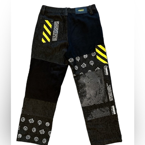 Denim - Black and Yellow Straight Leg Jeans with Patchwork Design